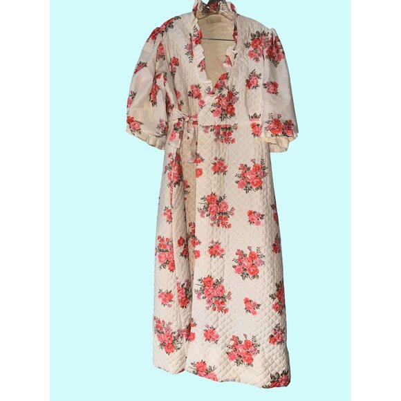 N/A Other - Vintage Floral Quilted Robe With Tie Waist & Puff Sleeves